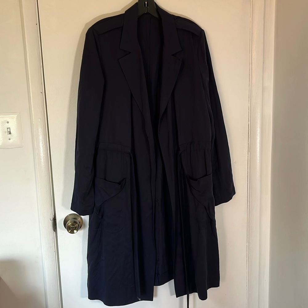 Theory Easy Tie Trench Coat Navy Blue Tencel NWOT